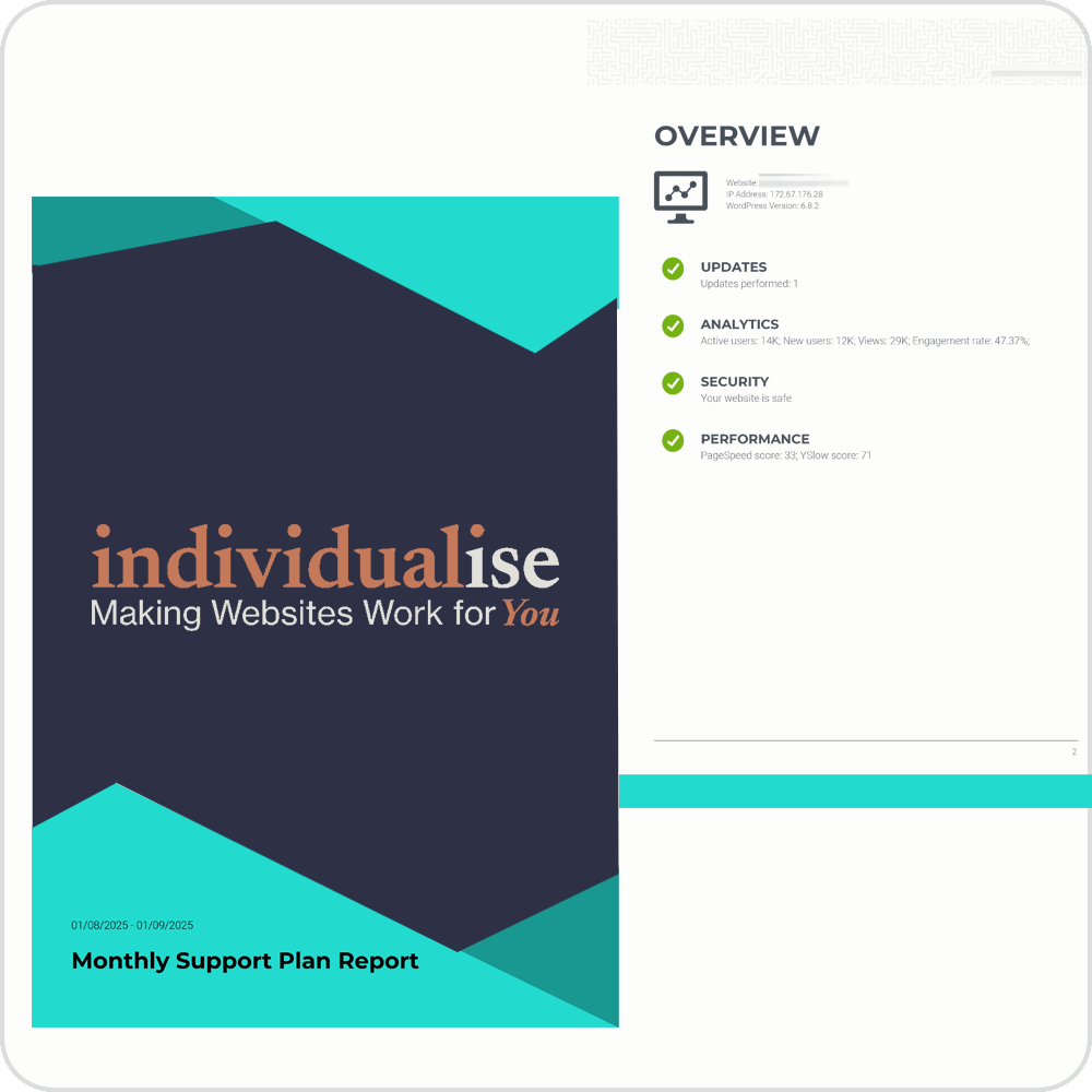Our report plan is sent monthly with updates of all plugins and performance alerts.
